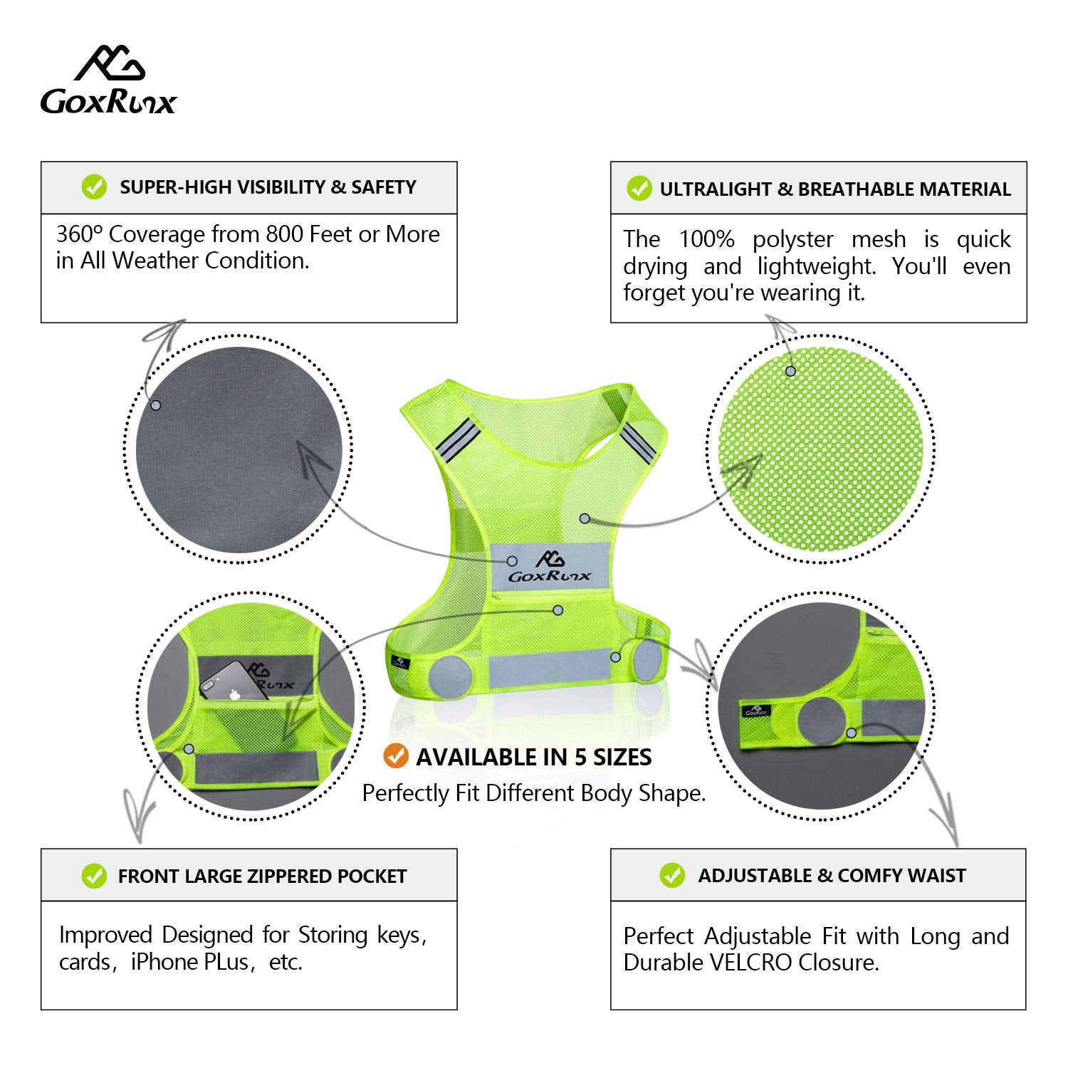 Reflective Vest Running Gear, Lightweight Motorcycle Cycling Reflective Vests with Large Pocket & Adjustable Waist for Women Men Running Safety Vest with Reflective Bands (Green, X-Large)