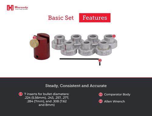 Hornady Lock-N-Load Bullet Comparator Basic Set, Includes 7 Bullet Inserts – Quickly and Precisely Measure Loaded Rounds, Measures from Bullet Ogive – Reduce Round Variations – B234