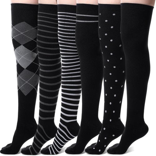 Chicingyou 6 Pair Thigh High Compression Socks for Women Men 15-20 mmHg Over the Knee Compression Support Stockings for Hiking Nurses Running Recovery(Black Grey Check)