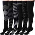 Chicingyou 6 Pair Thigh High Compression Socks for Women Men 15-20 mmHg Over the Knee Compression Support Stockings for Hiking Nurses Running Recovery(Black Grey Check)