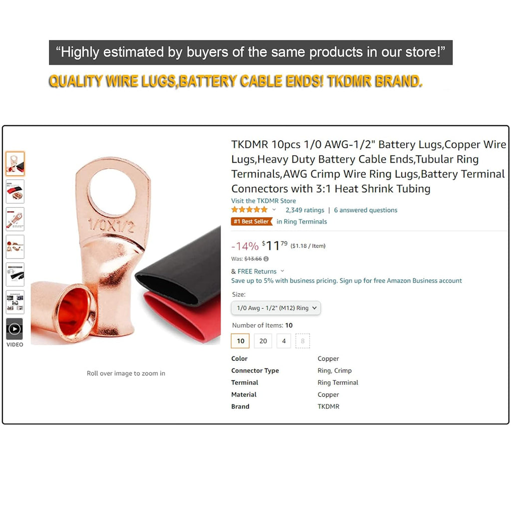 Skiennix 10-Pack Marine Grade Copper Wire Lugs - 2 AWG with 3:1 Heat Shrink Tubing | Heavy-Duty Battery Cable Ends
