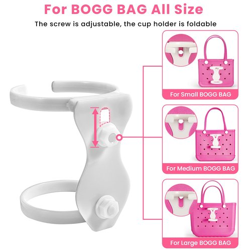 ANTAND Accessories for Bogg Bag, Foldable Cup Holder for 30oz 40oz Stanley Cup, Adjustable Drink Water Bottle Holder Only for BOGG Bag, Insert Charm Carabiner Key Holder Hooks for Tote Bag (White)