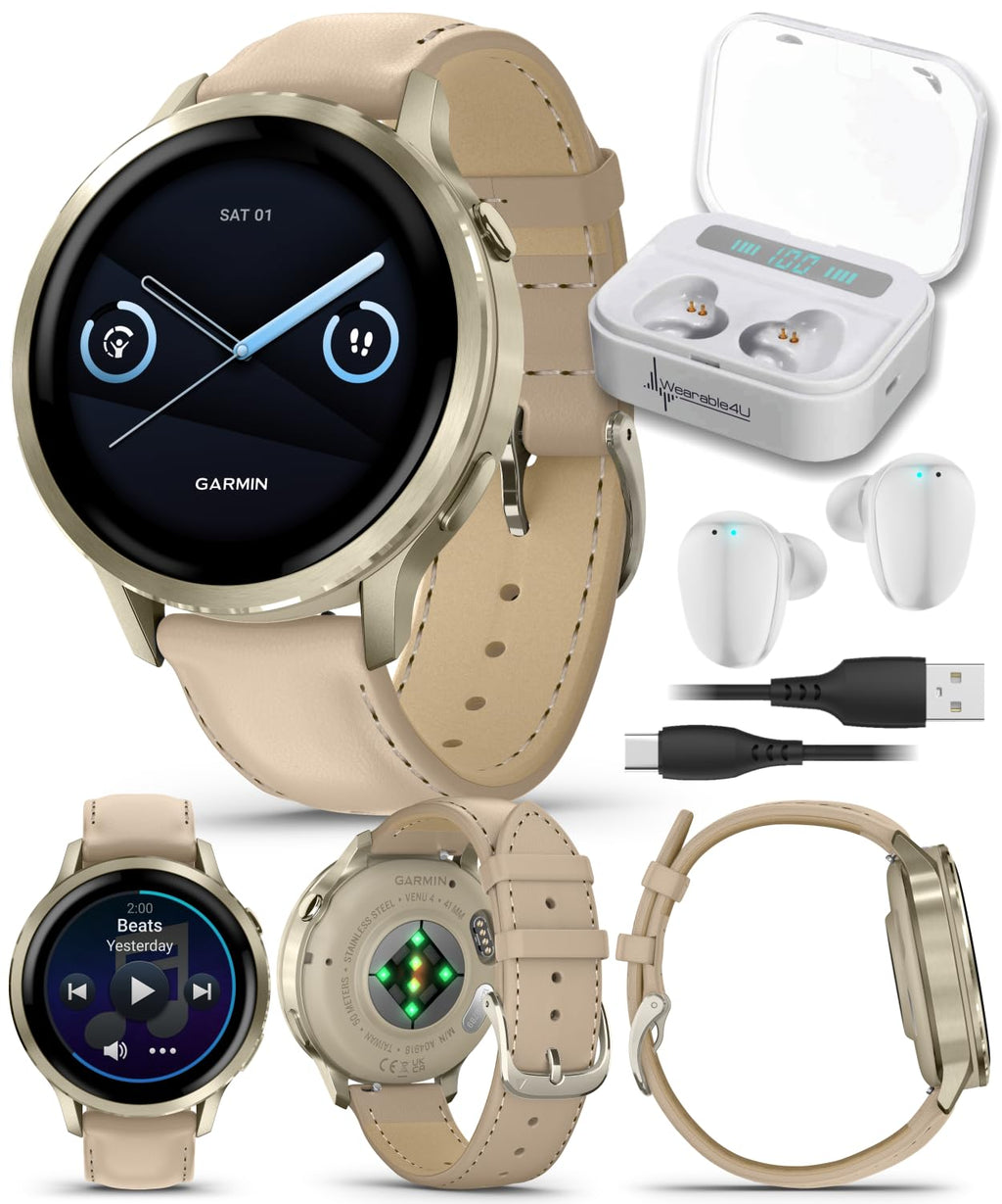 Garmin Venu 4 41mm AMOLED Advanced Health & Fitness GPS Smartwatch, Colorful Display, Built-in Flashlight Lunar Gold w/Bone Silicone & Light Sand Leather Bands w/Wearable4U White Earbuds Bundle