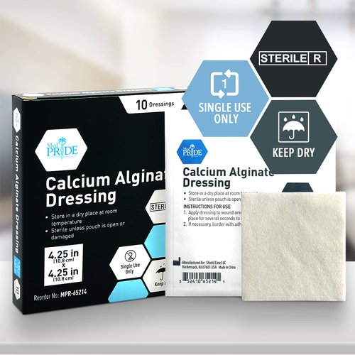 MED PRIDE Antimicrobial Calcium Alginate Wound Dressing Pads, Non-Stick, Highly Absorbent, Sterile, Pain- Removal, 10-Pack (4'' x 4'')