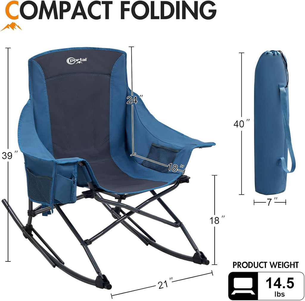 Portal Outdoor Rocking Chair - Portable Folding Rocker with Cup Holder & Side Pocket | Supports 350LBS, Blue