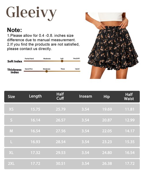 Gleeivy Flowy Shorts for Women Summer Skort Casual Floral Mini Skirt with Shorts Underneath High Waisted Ruffle Tiered Boho Chiffon Tennis Running Black Brown Floral L