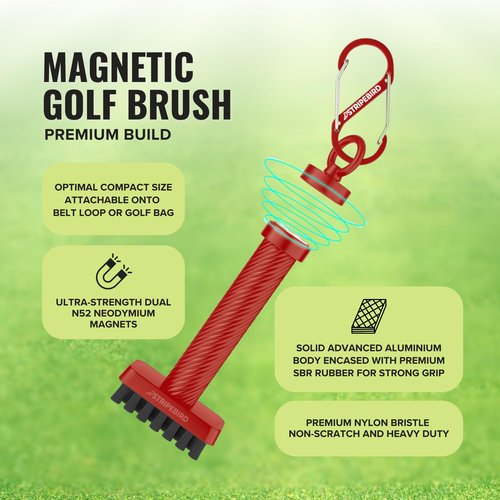 Stripebird - Magnetic Golf Club Brush Groove Cleaner (Red) - Detachable - Premium Nylon Bristles - Golf Bag Accessories - Cleaner Brush - Golf Accessories - Golf Ball Cleaner Tool