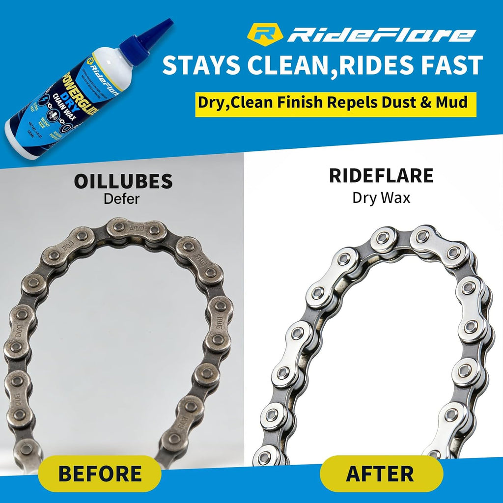RideFlare POWERGLIDE Dry Bike Chain Wax - Ultra Fast, Silent Lube | 60ml / 2oz, Eco-Friendly, Dust & Mud Repellent