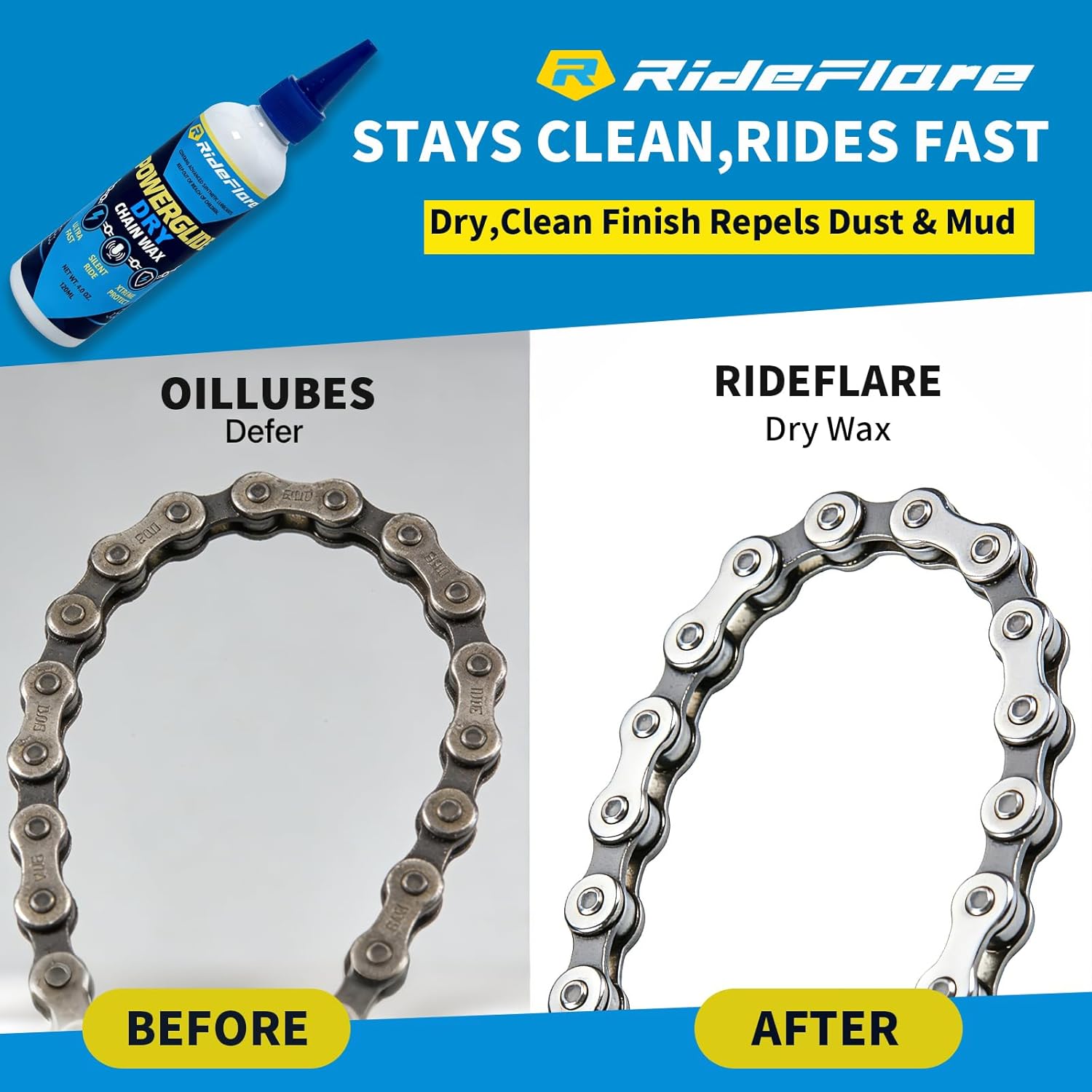 RideFlare POWERGLIDE Dry Bike Chain Wax - Ultra Fast, Silent Lube | 60ml / 2oz, Eco-Friendly, Dust & Mud Repellent