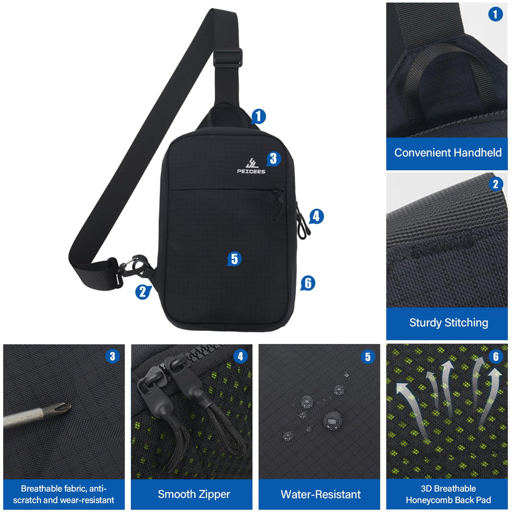 Peicees Small Sling Bag for Women Men Trendy Casual Phone Chest Bag Waterproof Crossbody Daypack, Black