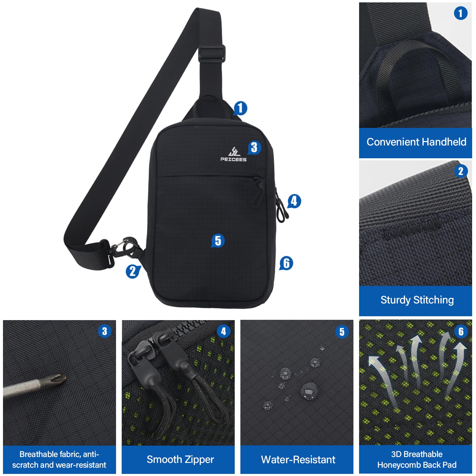 Peicees Small Sling Bag for Women Men Trendy Casual Phone Chest Bag Waterproof Crossbody Daypack, Black