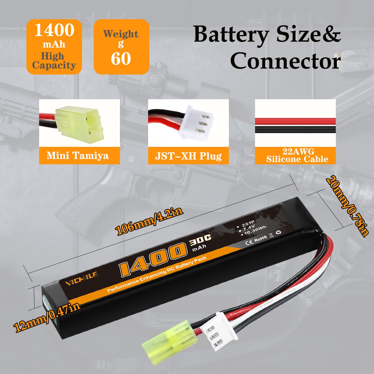VICMILE Airsoft Battery 1400mAh 7.4V Lipo Battery with Tamiya Plug 30C High Discharge Rate Rechargeable 2S Lipo Battery for Airsoft Model Guns