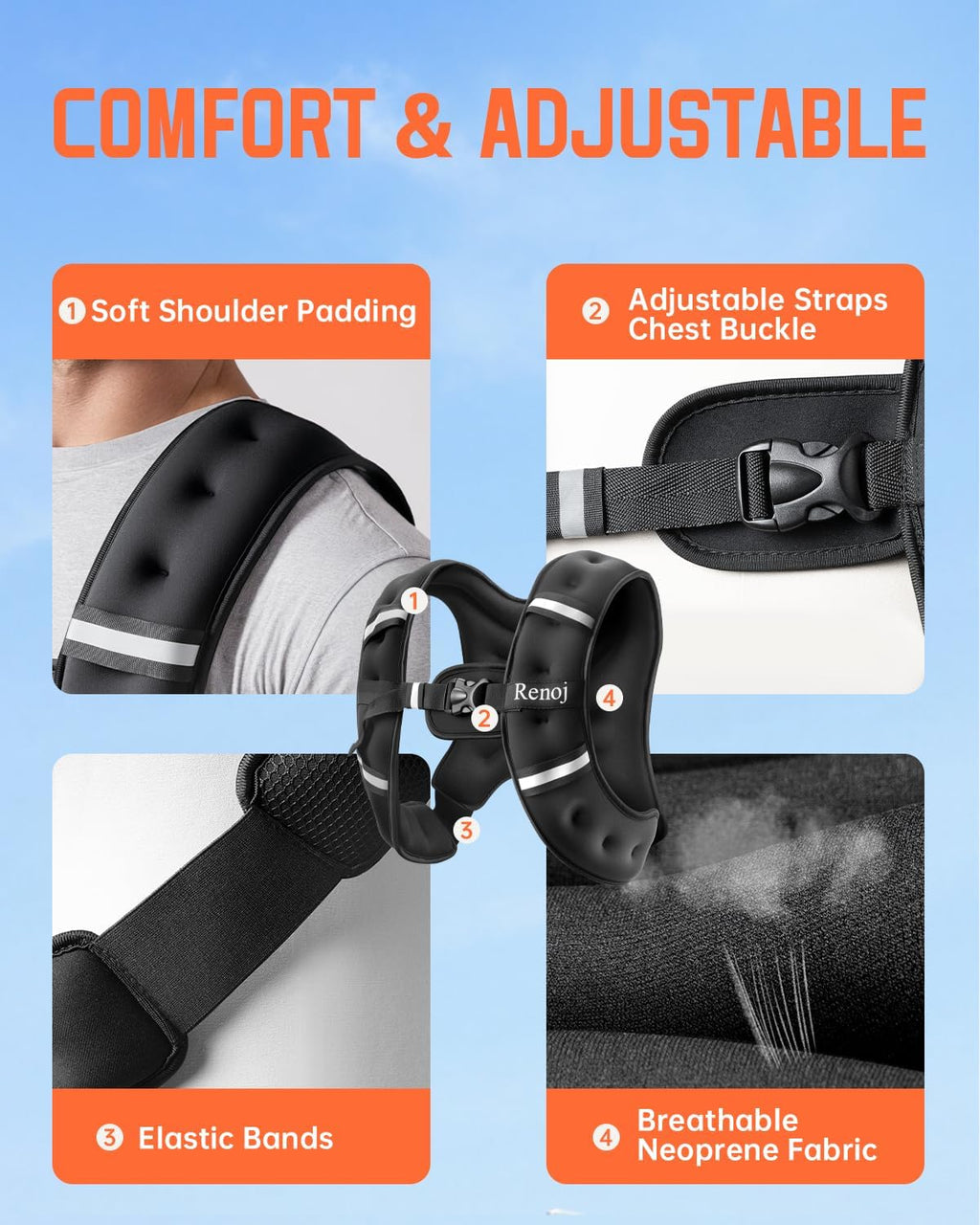 Renoj Weighted Vest - Adjustable Weights for Walking & Training | Reflective Strips & Storage Pocket