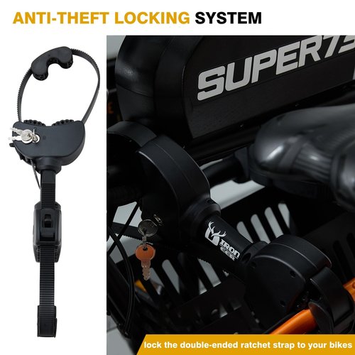 Double-Ended Adjustable Lockable Ratchet Strap Frame Holder with Soft Rubber Padding and Keys for E-Bikes and Bicycles