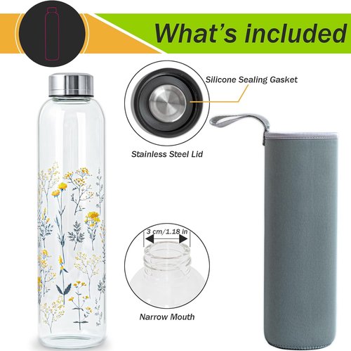 Clear Water Bottle - 32 oz BPA-Free Glass Drinkware with Stainless Steel Lid & Neoprene Sleeve | Scattered Flowers