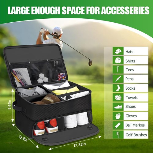 UFHUFH Golf Trunk Organizer Storage with Separate Compartment for 2 Pair Shoes Up to US Mens 16,2 Layer Golf Trunk Organizer,Waterproof Car Trunk Locker for Balls, Tees,Gifts for Golfers