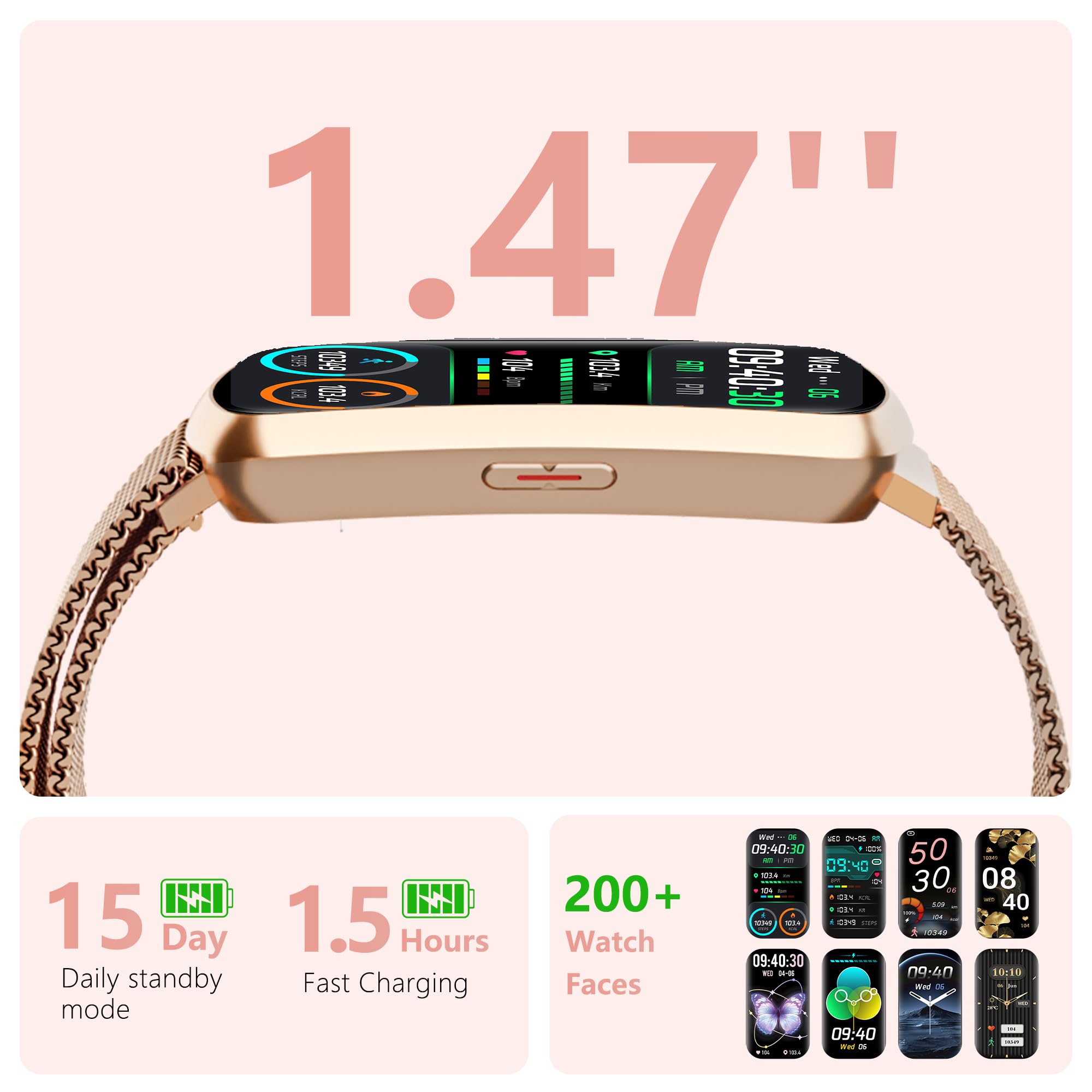 Health Fitness Tracker, Smart Watch with 24/7 Heart Rate, Activity Tracker with Blood Pressure and Blood Oxy-gen Monitor, 120 Sport Mode Waterproof Sleep Tracker for Women Men (Pink Gold)