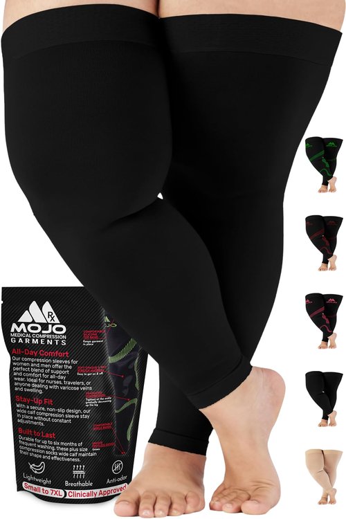 Mojo - Compression Socks Footless for Women and Men 20-30mmHg - Extra Wide Compression Full Leg Sleeve for Varicose Veins Circulation, Lymphedema, DVT - Black, 3X-Large - A609