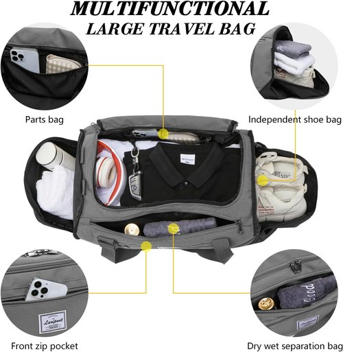 Laripwit Gym Bag - 40L Medium Sports Duffel with Shoe Compartment & Wet Pocket - Gray