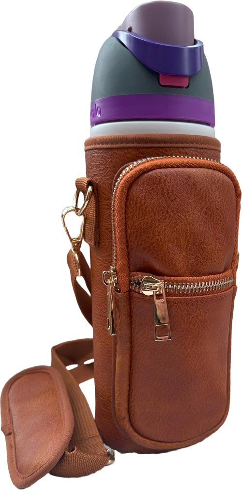 Resin & Reed Water Bottle Carrier Bag, Compatible with 24oz Owala Bottles (Brown Pleather)