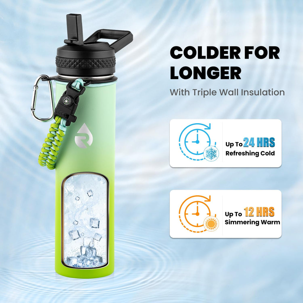 RAYMYLO Insulated Water Bottle 24 oz, Triple Wall Vacuum Stainless Steel (Cold for 24Hrs, Hot for 12Hrs), Leak Proof & Non-BPA, Modern Water Flask Jug with Paracord Handle & Straw Spout Lids