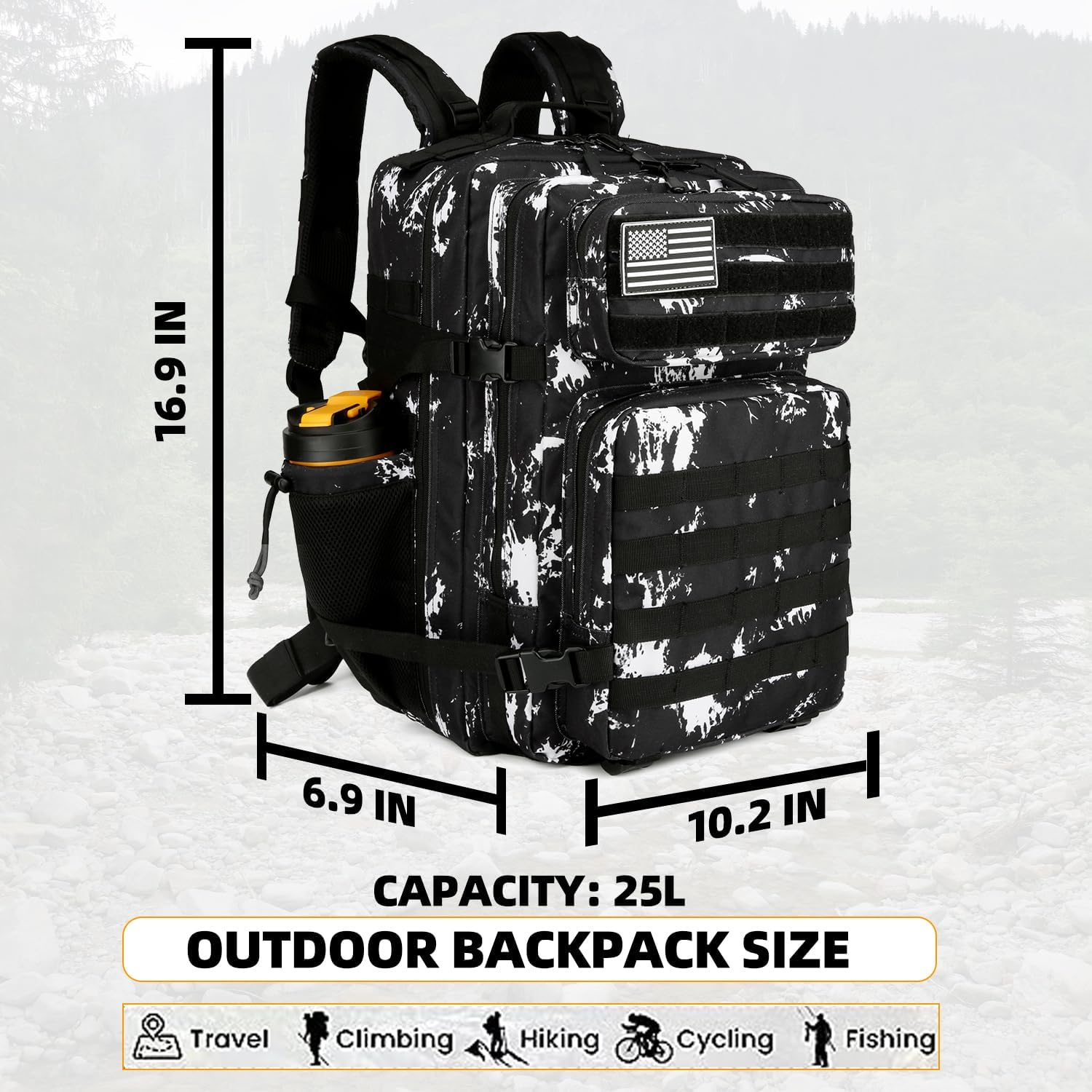 Skiennix 25L Tactical Backpack - Military-Grade Molle Design for Men & Women | Black Lightning Color