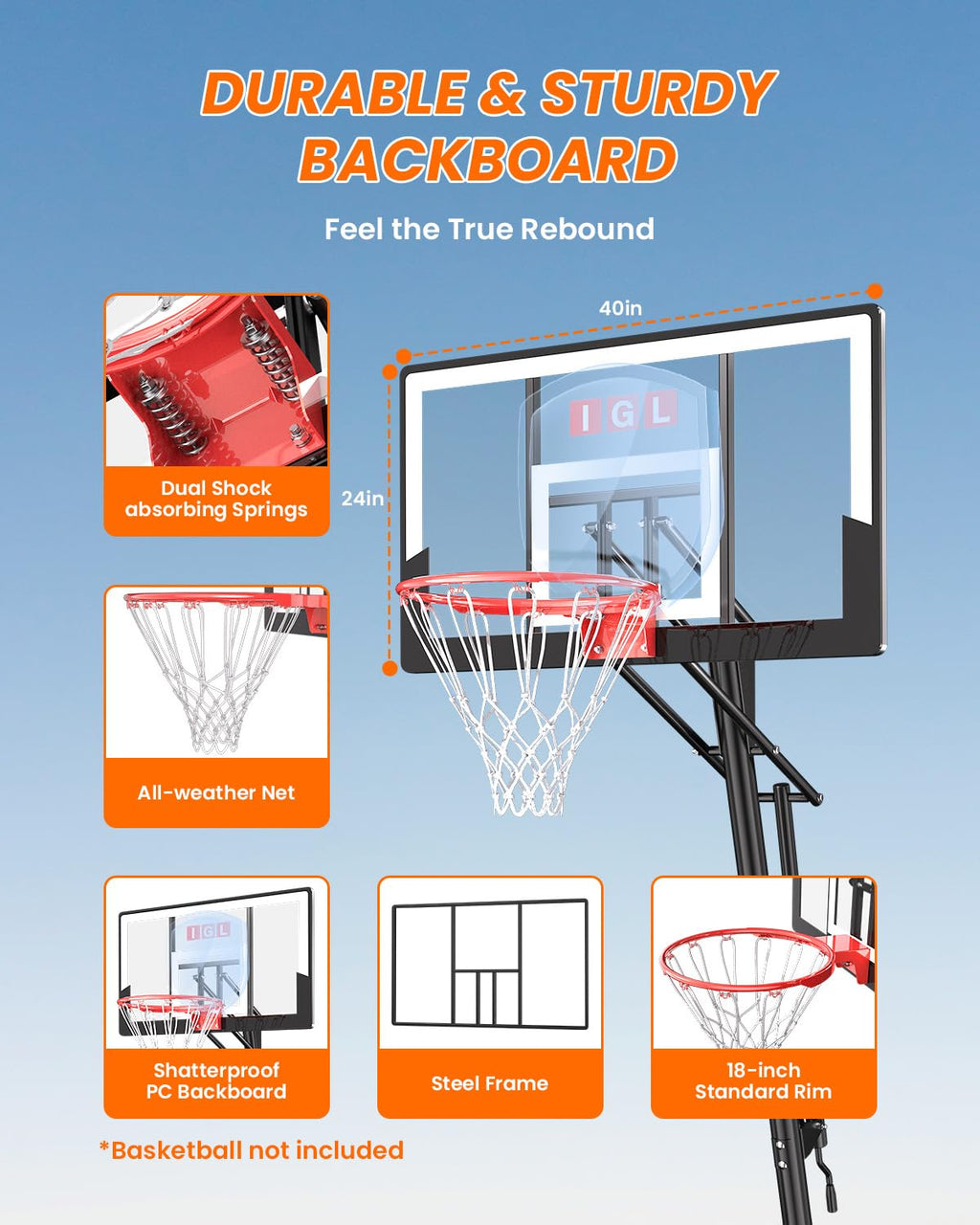IGL Basketball Hoop Outdoor 40 Inch, Height Adjustable 5.5-10 FT, Portable Basketball Goal with Shatterproof Backboard for Kids Teens Adults, Backyard Driveway
