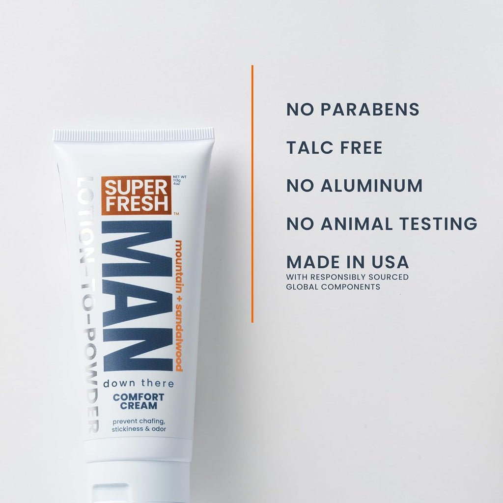 Super Fresh Ball Deodorant Powder - Comfort Cream for Men | Odor Control & Chafing Relief, 4 oz