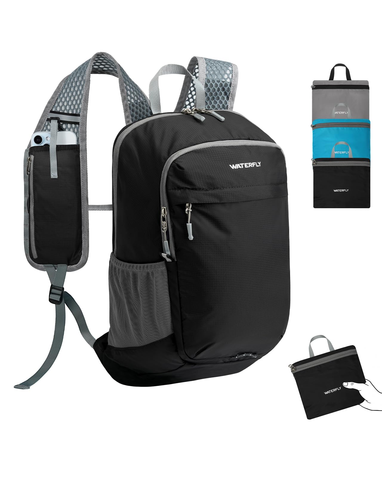 WATERFLY Packable Lightweight Small Backpack: 15L Foldable Mini Hiking Daypack - Ultralight Compact Day Pack for Women Men Outdoor Travel Camping Walking - Black