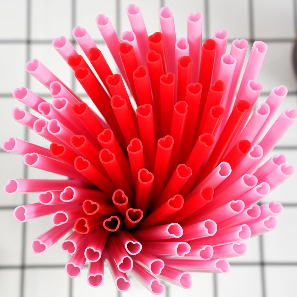 Skiennix Heart Shaped Pink Straws - 50pcs Individually Wrapped Disposable Drinking Straws for Parties & Events