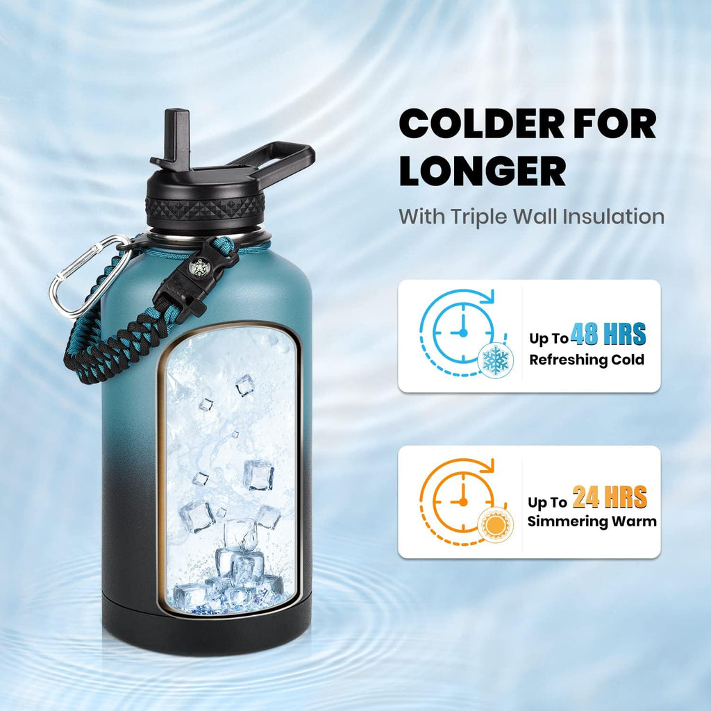 RAYMYLO Insulated Water Bottle - 64 oz Triple Wall Vacuum Stainless Steel | Cold for 48 Hrs, Leak Proof, Non-BPA