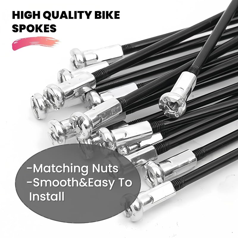 13G Bicycle Spokes 2.3mm Steel 70-300mm - 38pcs Black Nuts, Universal Fit - Variation: Black-13G-222mm