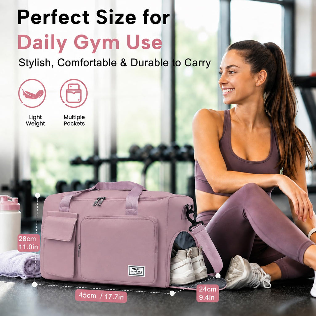 FIORETTO Women's Gym Duffle Bag with Shoes Compartment, 30L Capacity, Ideal for Travel, Gym, Sports, Duffel, Weekender, Pink