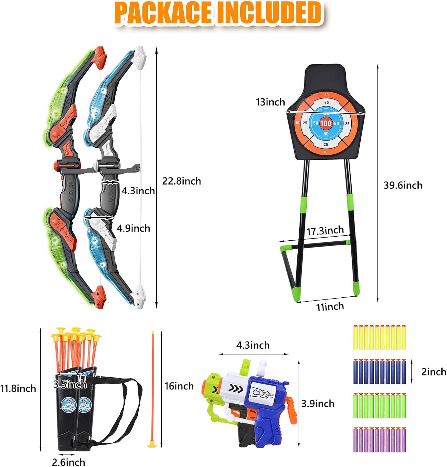 Skiennix Bow and Arrow Set - LED Light-Up Toy for Kids 4-12 | Includes 20 Suction Cup Arrows & Target