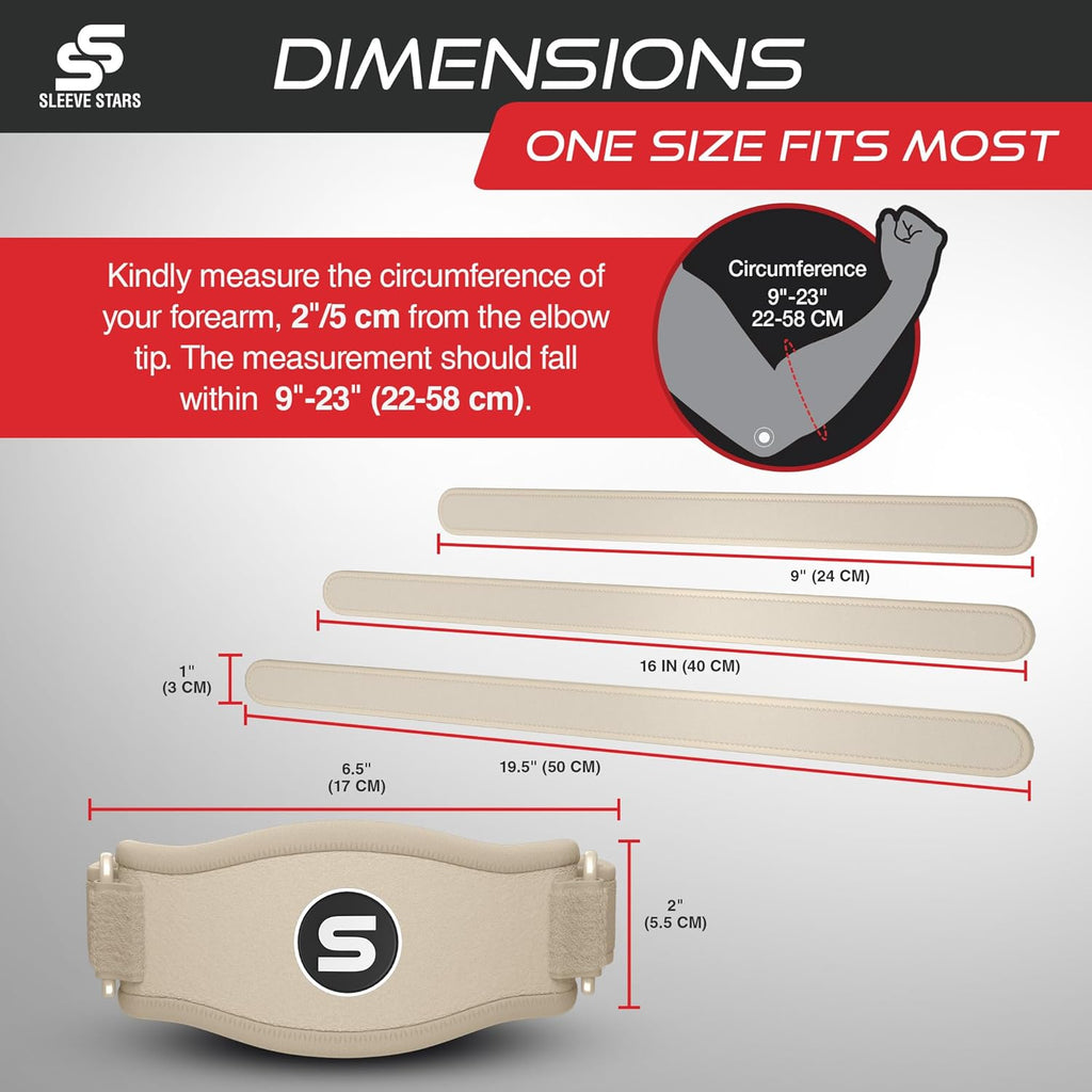 Sleeve Stars Tennis Elbow Brace - Adjustable Support for Tendonitis Relief | Fits 9"-23" (Beige)