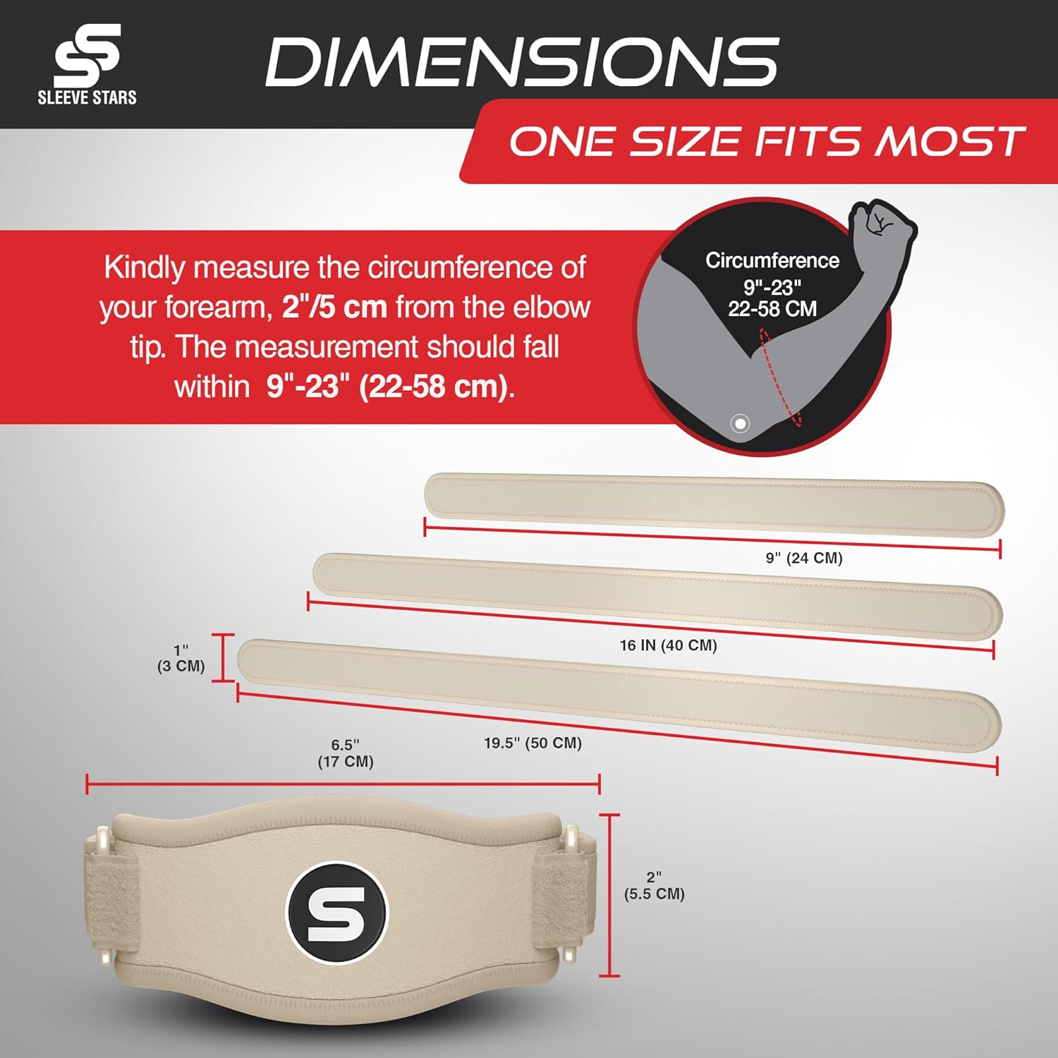 Sleeve Stars Tennis Elbow Brace - Adjustable Support for Tendonitis Relief | Fits 9"-23" (Beige)