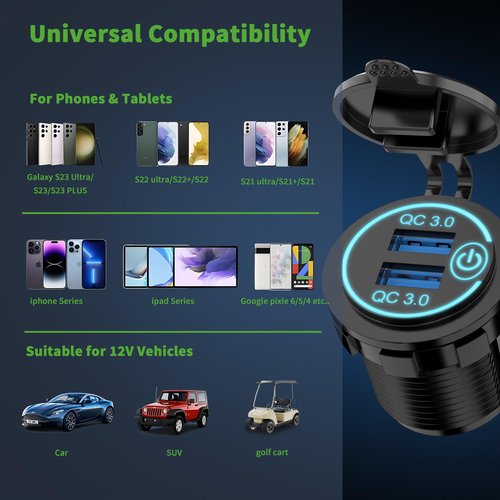 10L0L Golf Cart Quick Charge 3.0 Outlet Dual USB Charger Socket for Yamaha EZGO Club Car, 12V Input Double USB Ports Waterproof