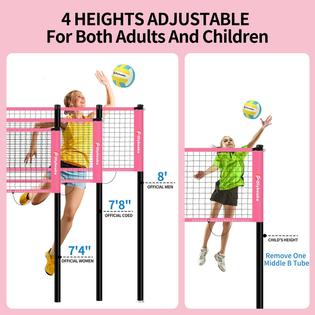 20FT Outdoor Volleyball Net Set System for Backyard Beach with Anti-Sagging Net, Iron Adjustable Height Poles, Soft PU Volleyball and Pump, Carry Bag - Instant Set Up & Durable (Pink)