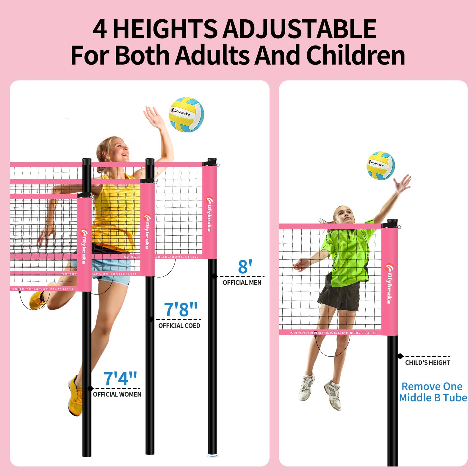 20FT Outdoor Volleyball Net Set System for Backyard Beach with Anti-Sagging Net, Iron Adjustable Height Poles, Soft PU Volleyball and Pump, Carry Bag - Instant Set Up & Durable (Pink)