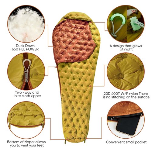 Xsog Ultralight Down Sleeping Bag for Adults, 1.92lbs 32-55F 650 Fill Down, Lightweight Compact Mummy Backpacking Sleeping Bag for Outdoor Camping and Hiking, Compressible -MFH500 (Golden Palm)