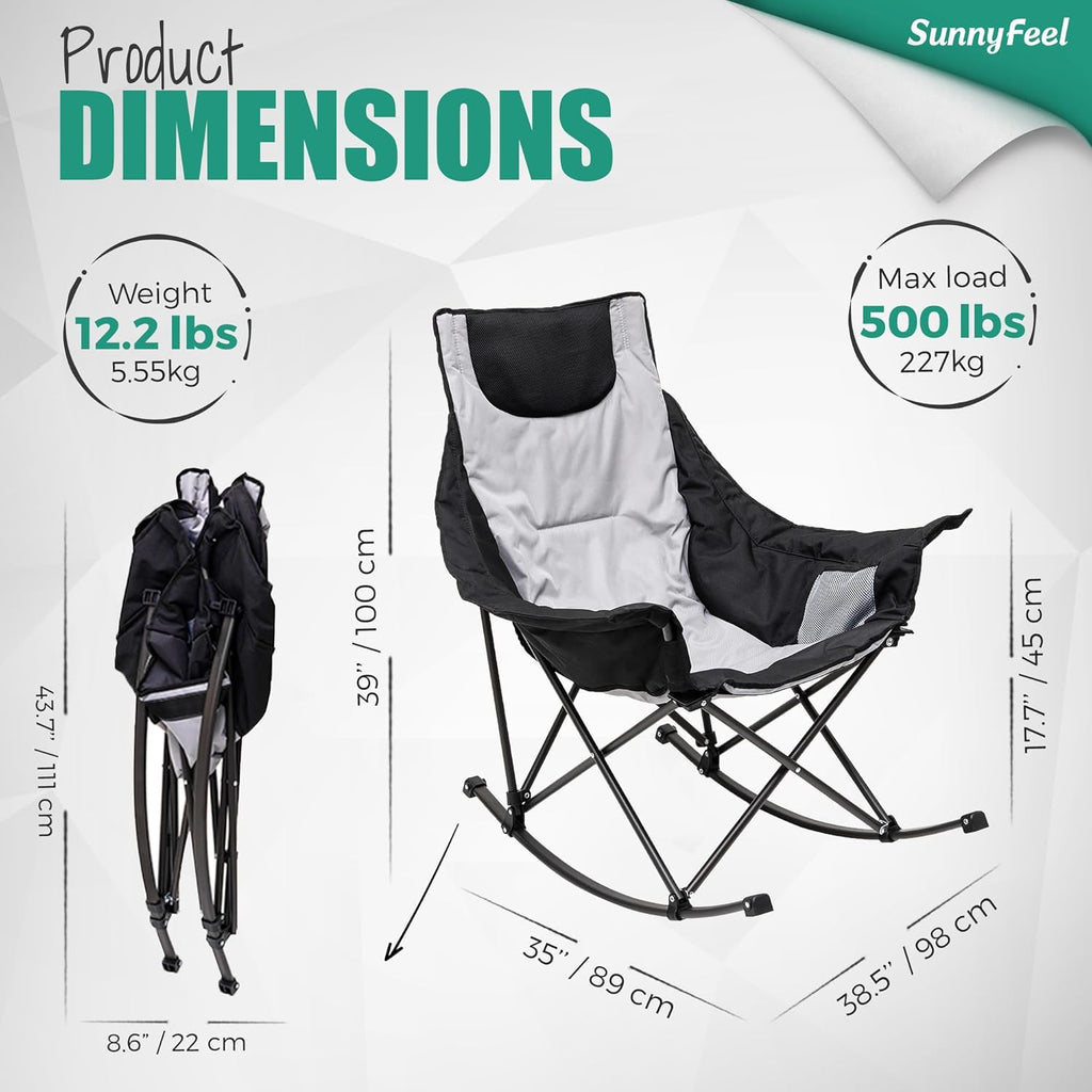 SUNNYFEEL Oversized Rocking Camping Chair - Fully Padded High Back Recliner with Side Pocket | 500 LBS Capacity