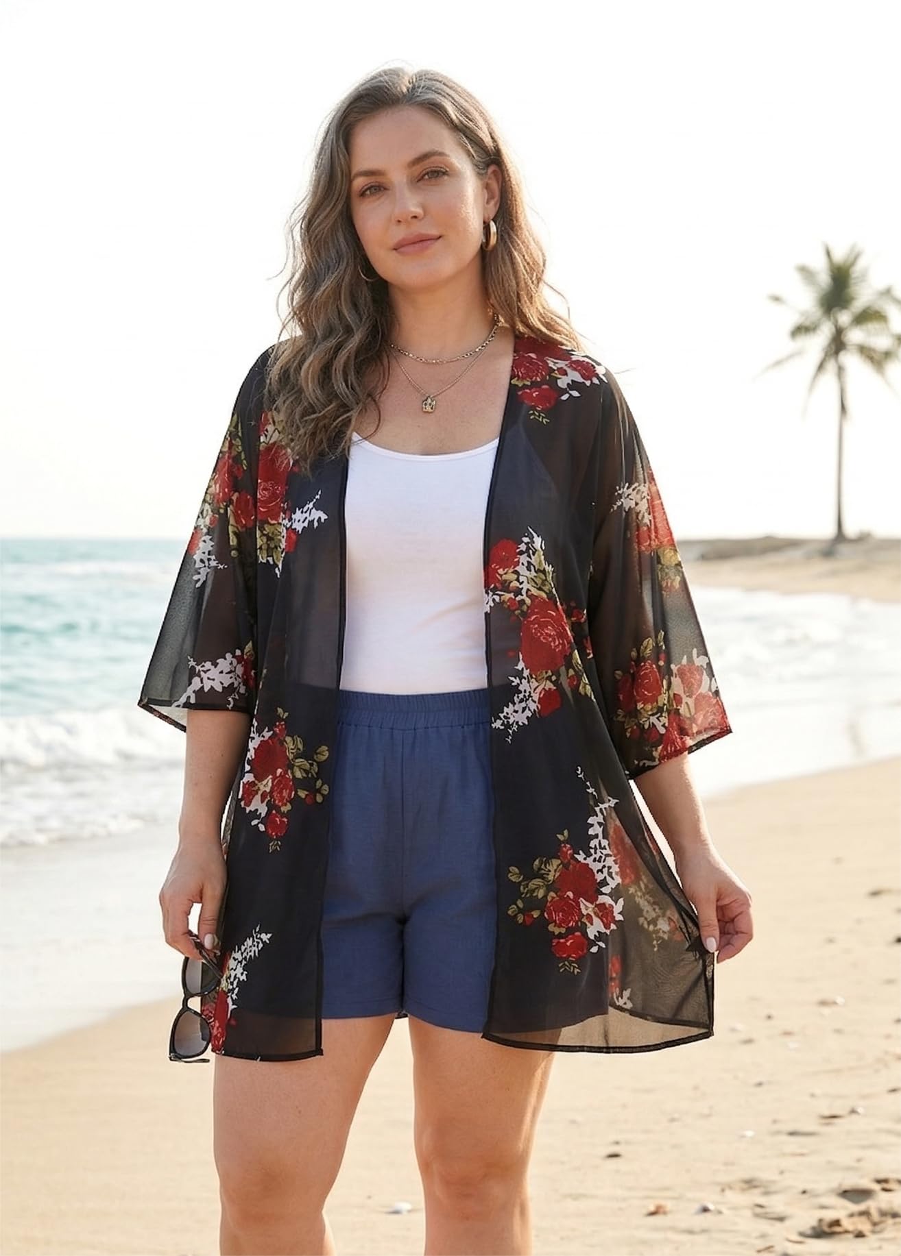 Women's Floral Print Puff Sleeve Kimono Cardigan Loose Cover Up Casual Blouse Tops (Black,2XL)