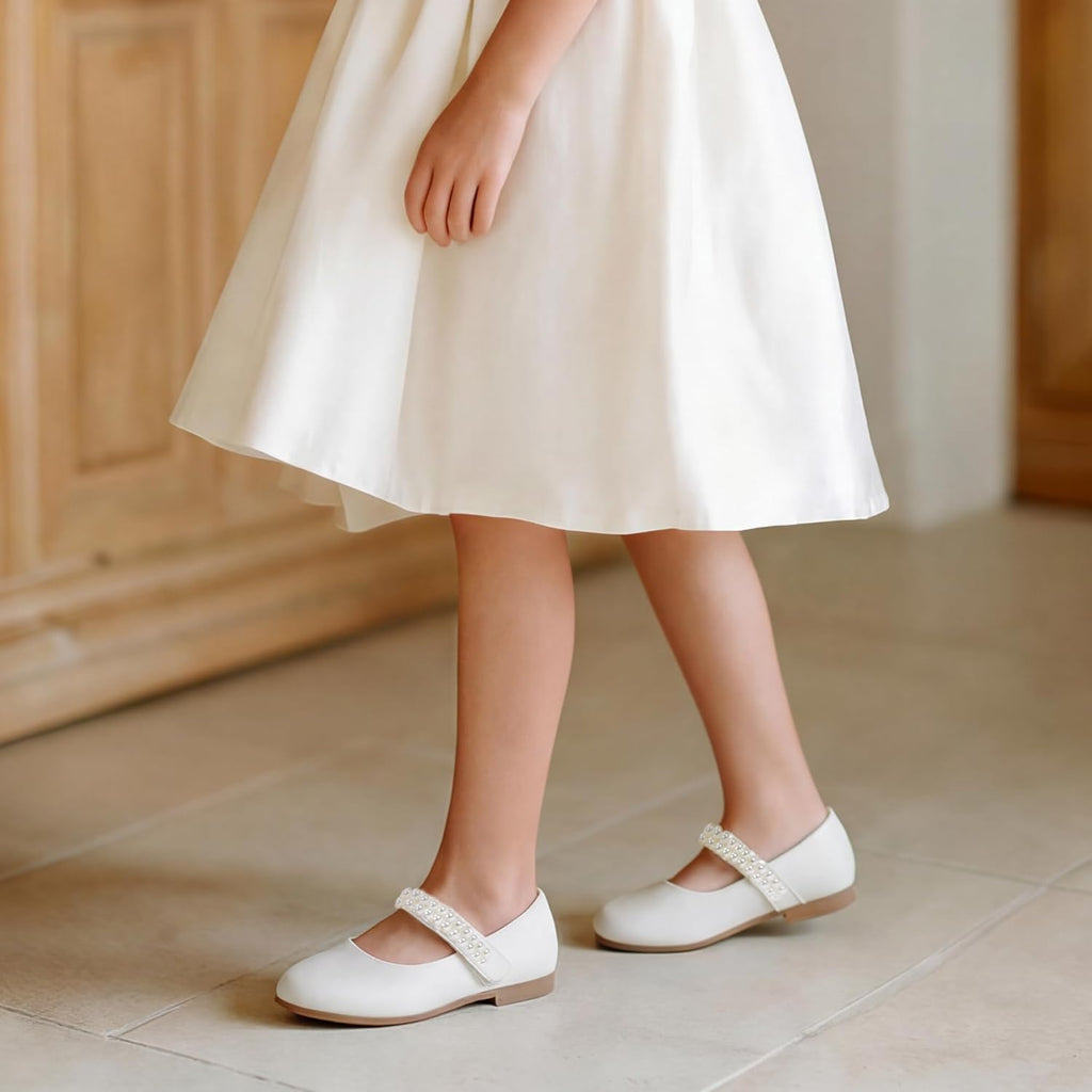 PANDANINJIA Ballet Flats for Girls - Elegant Pearl-Embellished Wedding Party Shoes | Toddler & Little Kid Sizes