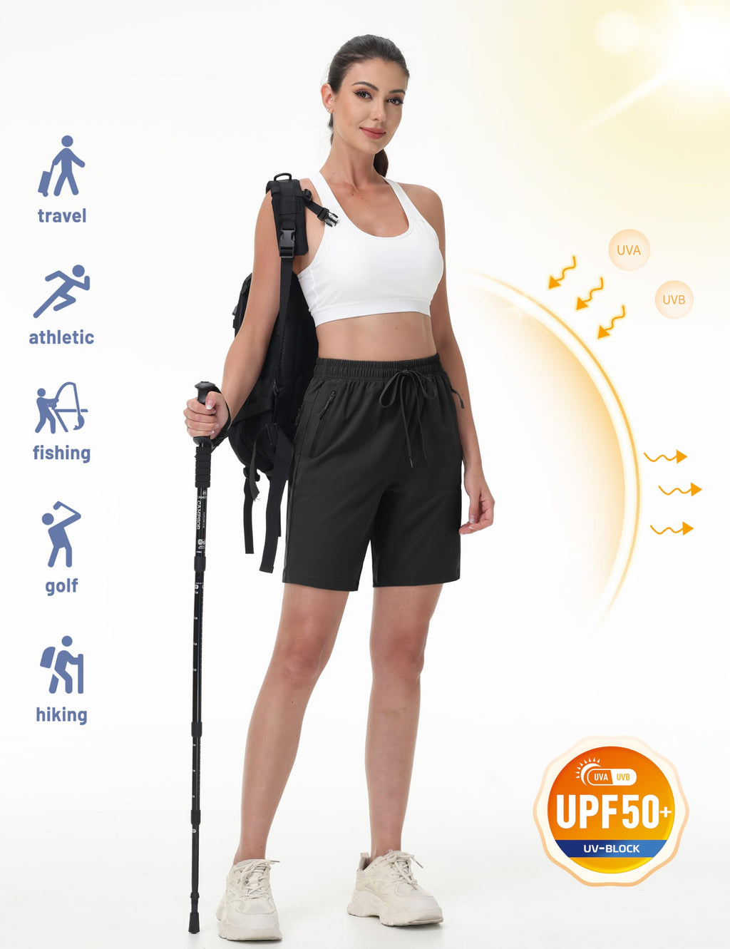 TACVASEN Hiking Shorts for Women Quick Dry Lightweight Golf Athletic Shorts with Pockets Water Resistant Summer UPF 50+ Black L
