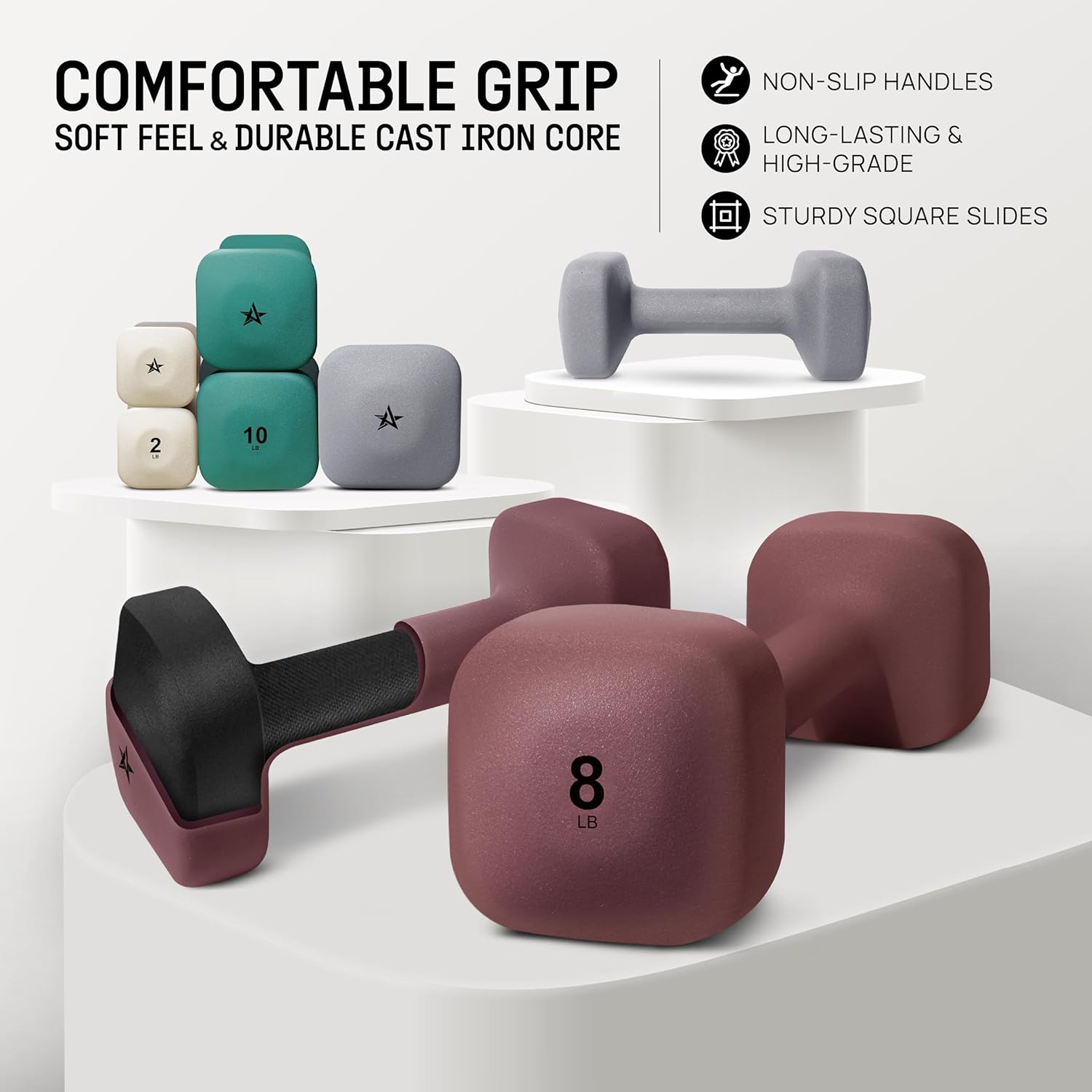 Yes4All Square Neoprene Dumbbell Set | Anti-Roll, Anti-Slip Hand Weights for Home Gym | 2lb - 20lb, 4 Colors