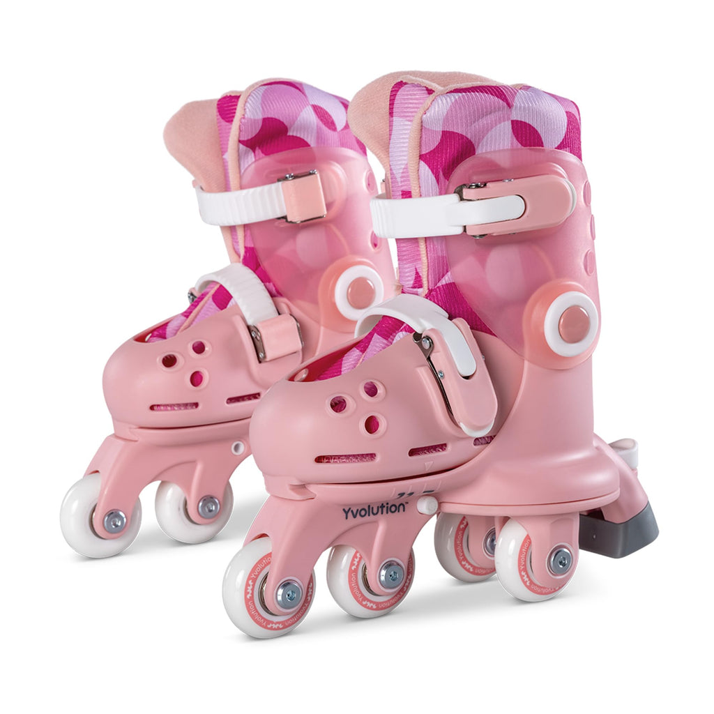 Yvolution Learner Twista Skates – 2-in-1 Adjustable Kids Roller Skates for Ages 2+ – Converts from Tri-Wheel to Inline Skates – No Tools Needed – US Size 7-11, Pink