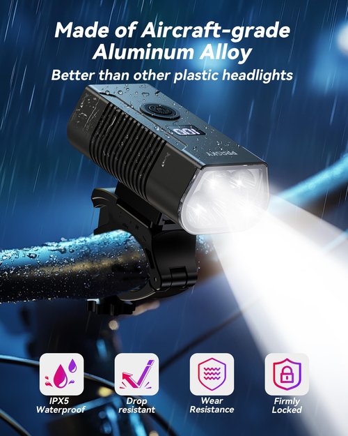 Bike Lights for Night Riding, USB Rechargeable Mountain Bicycle Headlight, Super Bright, Waterproof, 6+4 Light Modes Bike Light Set for Cyclists and Commuters - Gray