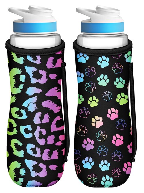 Toykee Water Bottle Sleeve for Cirkul 22 oz - 2 Pack Bottles Cover Holder Carrier Bag with Side Handle Colorful Paw Leopard
