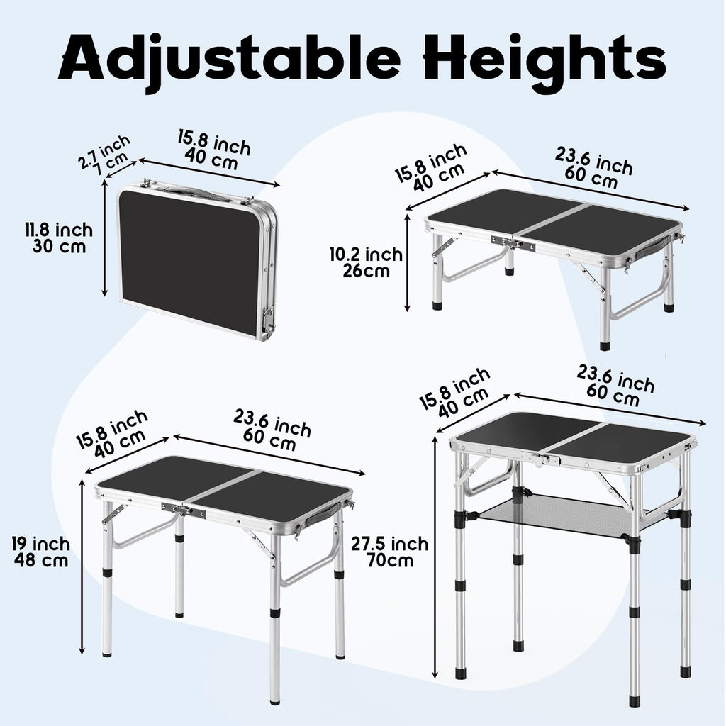YihuiKo Small Folding Table, Aluminum 24" x 16" Adjustable Height Max 27.5" Folding Camping Table with Carrying Handle, Lightweight, Portable Camp Table for Outdoor Indoor Picnic Beach, Black