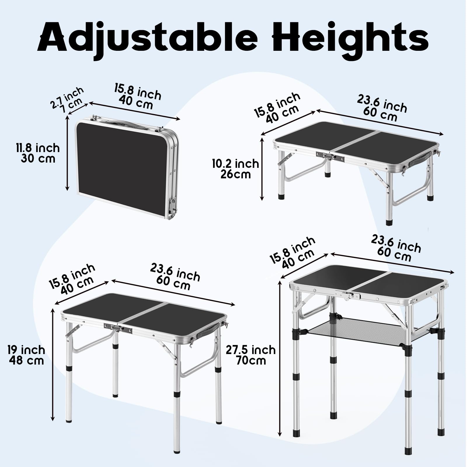 YihuiKo Small Folding Table, Aluminum 24" x 16" Adjustable Height Max 27.5" Folding Camping Table with Carrying Handle, Lightweight, Portable Camp Table for Outdoor Indoor Picnic Beach, Black